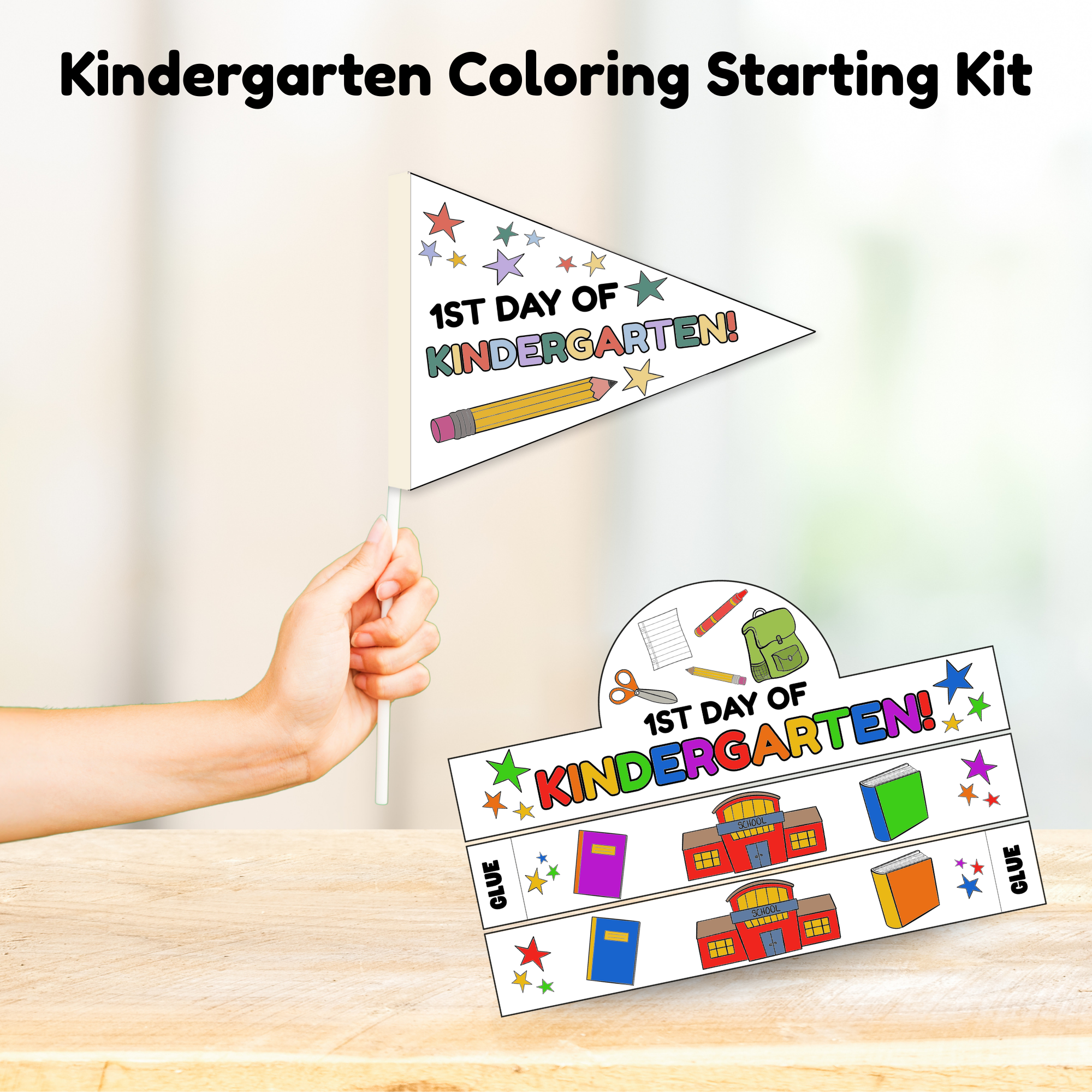 shows colored first day of school flag and headband