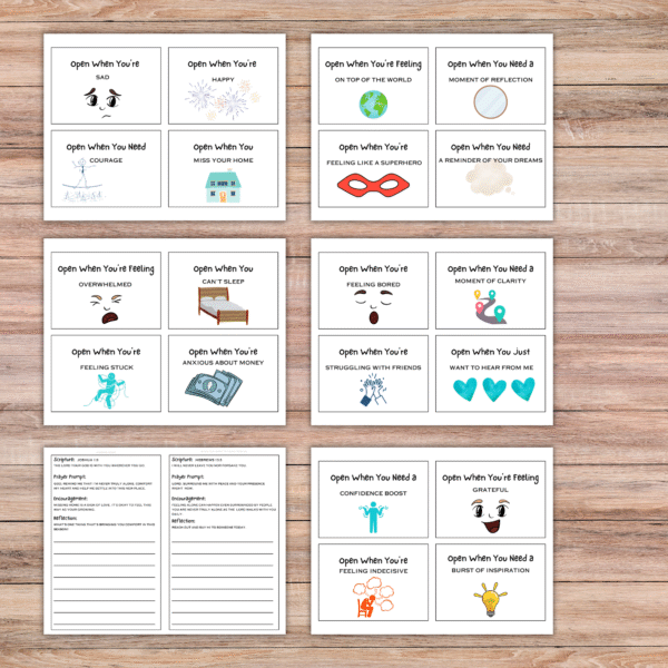 shows brown wood table with the set of 5 labels to use on open when college envelopes and one image of the letters that you include inside with prayer, encouragement.