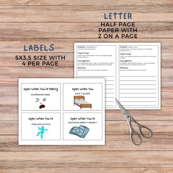 brown wood with a pair of scissors - shows a letter size page with 4 labels on them above says labels 5x3.5 size with 4 per page - other letter size shows encouragement, prayer, and journaling. Says letter half page paper with 2 on a page.