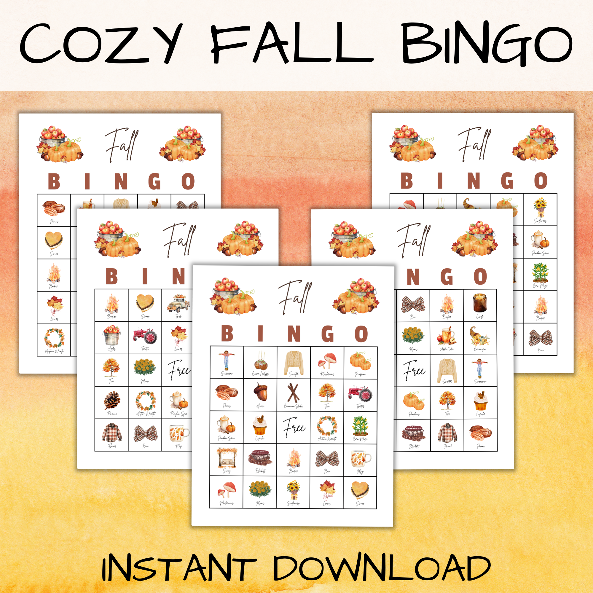 orange yellow background, says cozy fall bingo, instant download at the bottom shows 5 letter size bingo with sweaters, blankets, pumpkin spice.