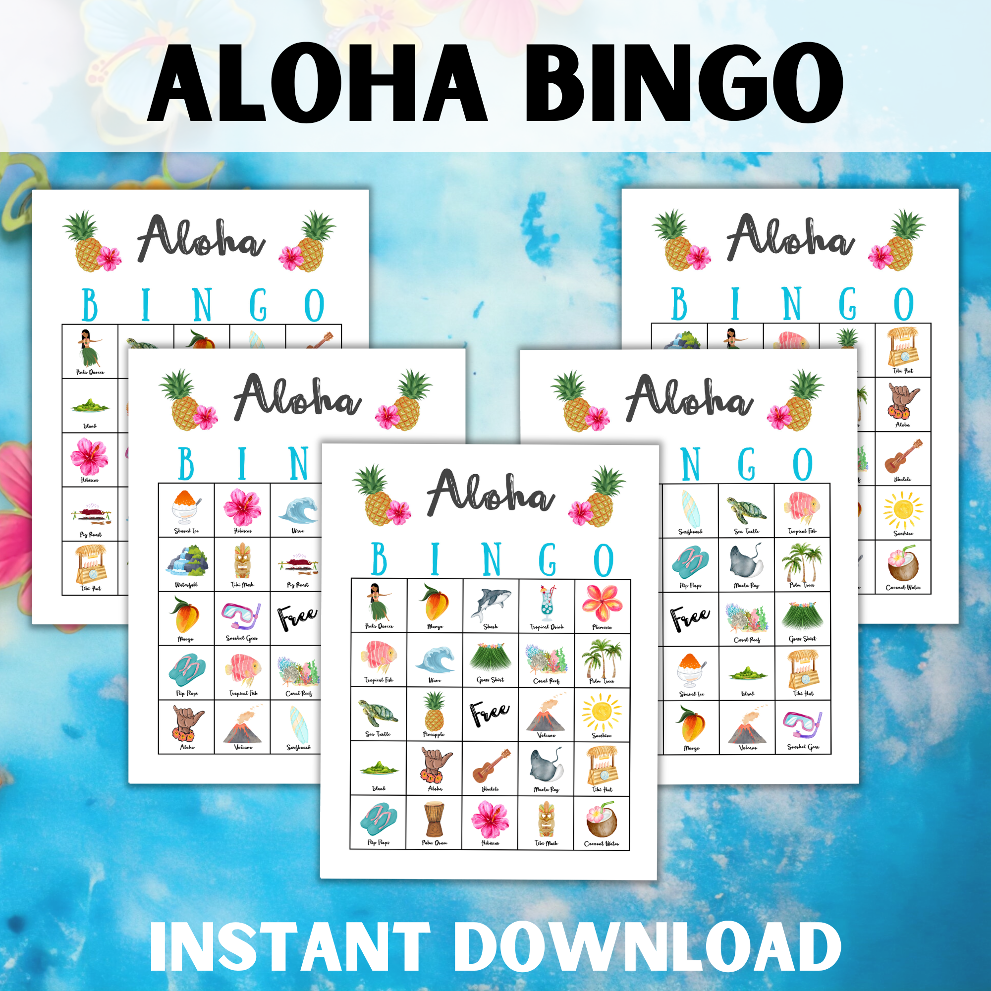 blue ocean background, top says aloha bingo, bottom says instant download, shows 5 letter size bingo boards with summer fun Hawaiian images on the board.