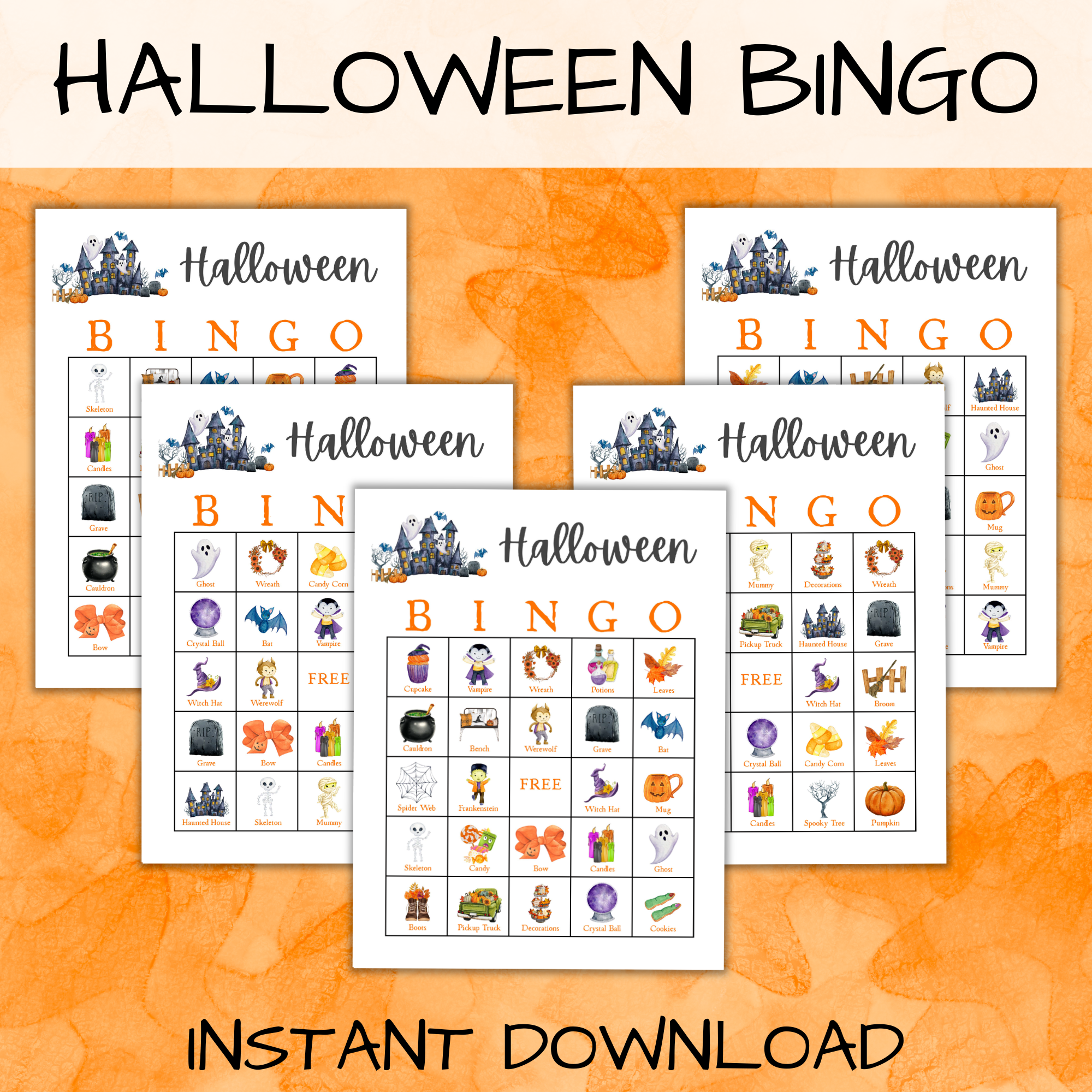 orange wash background, halloween bingo, instant download, shows 5 watercolor letter size printable bingo boards that have haunted houses at the top and images in the squares