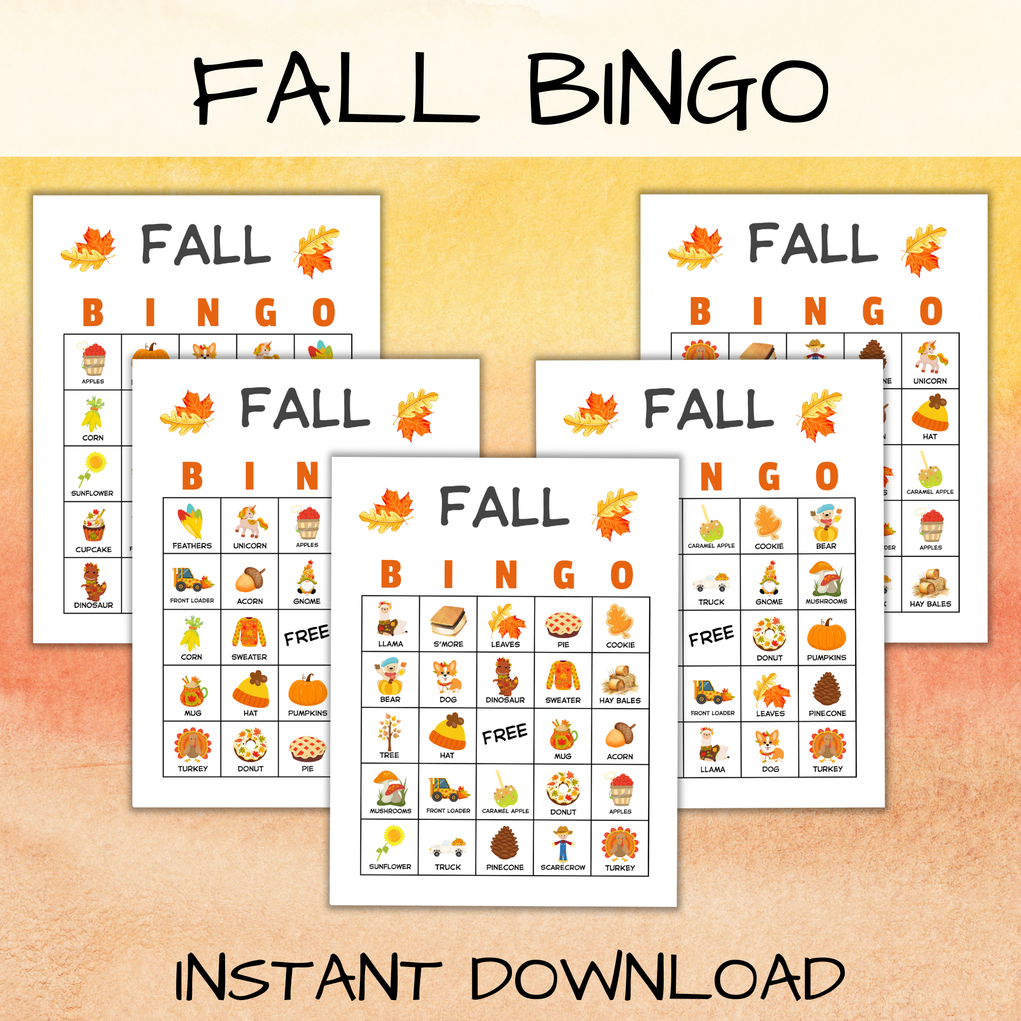 yellow orange wash background, fall bingo at the top, bottom says instant download, shows 5 letter size bingo boards